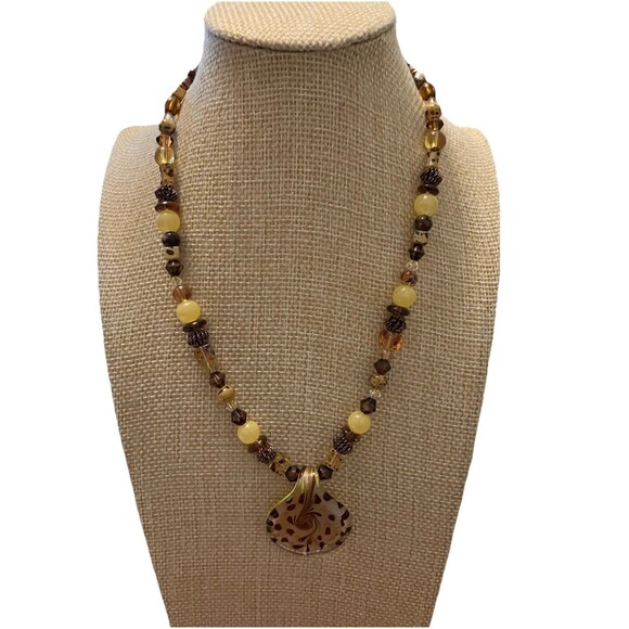 Handmade Jewelry - Handcrafted Art Glass Bead Necklace In Brown With Pendant, Barrel Clasp